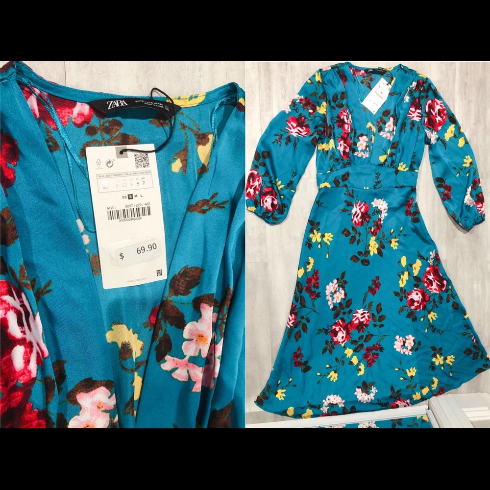 Zara satin effect printed midi dress, teal